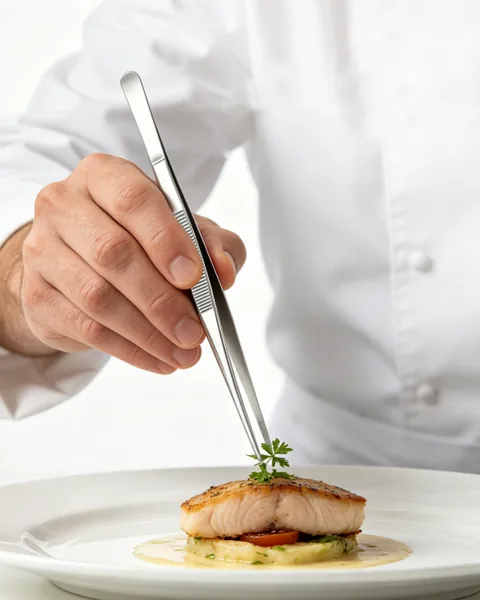 Chef placing a parsley leaf on seared fish with long stainless plating tweezers