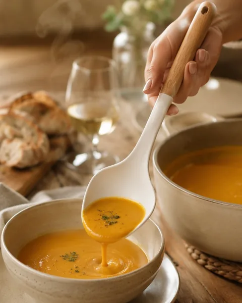 White ladle with a wooden handle pouring squash soup into a stoneware bowl